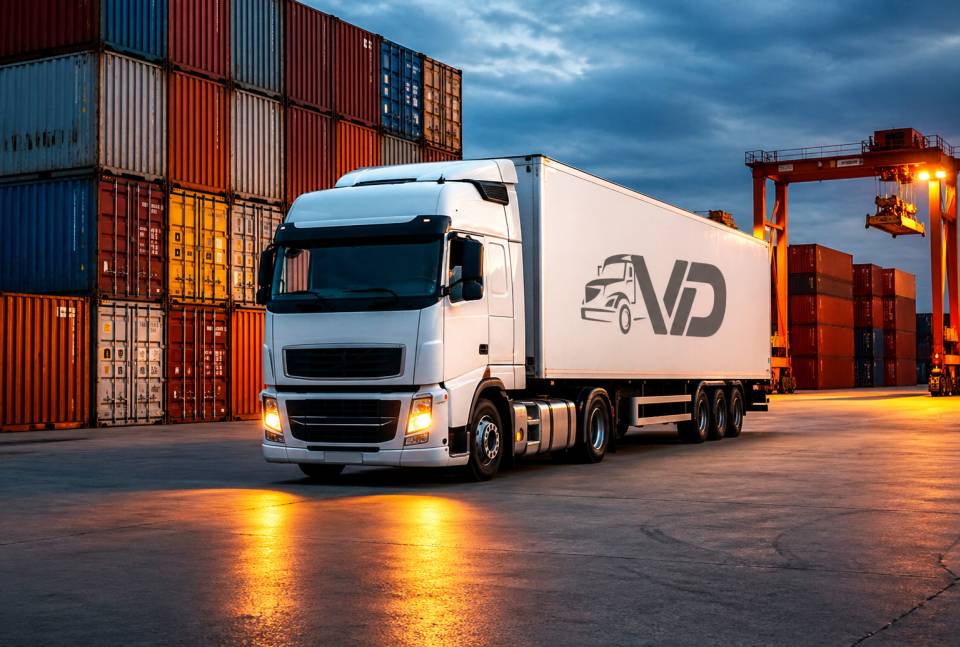 White freight truck parked at a container terminal, representing the domestic cargo transportation and freight forwarding operations of our company across the United States