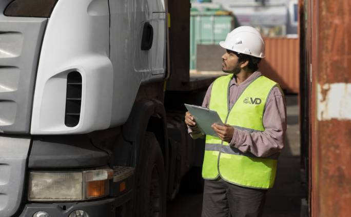 Logistics coordinator in safety vest and helmet reviewing shipment details at a freight terminal, reflecting our commitment to accountability, efficiency, and operational control in every cargo movement