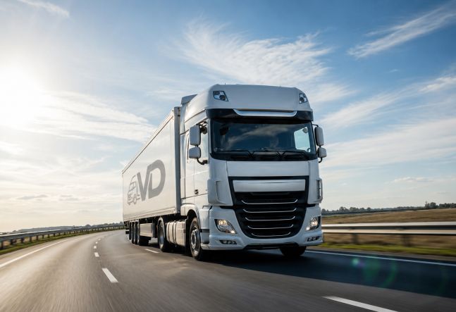 White freight truck parked at a container terminal, representing the domestic cargo transportation and freight forwarding operations of our company across the United States