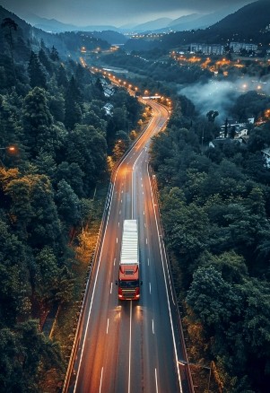 Aerial view of a truck transporting freight through a scenic highway surrounded by forests, representing domestic cargo transportation across the United States