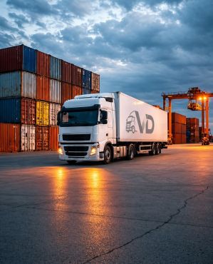 White freight truck at a container terminal in a port, representing truck-based logistics and cargo coordination services across the United States
